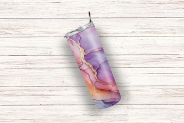 Preview: Thermobecher mit abstraktem Pastell-Design – Sanfte Eleganz (590ml) Preview: Thermobecher mit einem abstrakten Pastell-Design in Rosa-, Lila- und Goldtönen, liegend auf einem weißen Holzuntergrund, mit integriertem Trinkhalm und hochwertiger Verarbeitung.